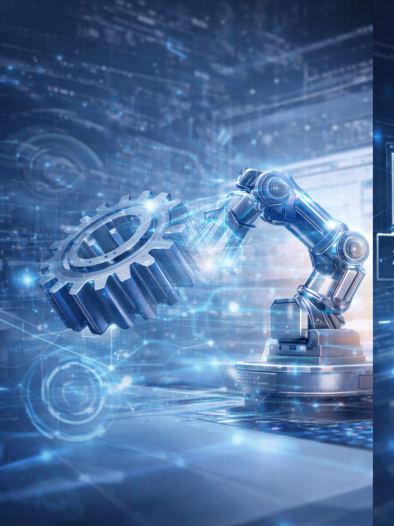 Illustration einer automatisierten CAD-Datenverarbeitung mit Robotik und digitaler Vernetzung