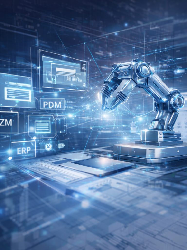 Illustration eines digital unterstützten Anwendungsfalls zwischen CAD, PDM und ERP